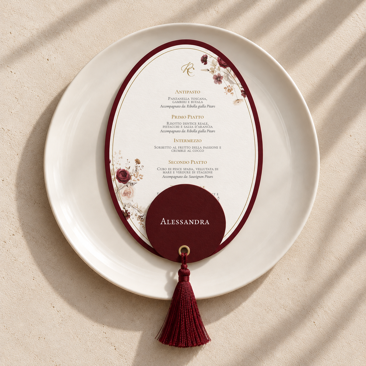 Menu Borgogna ovale con segnaposto e nappina