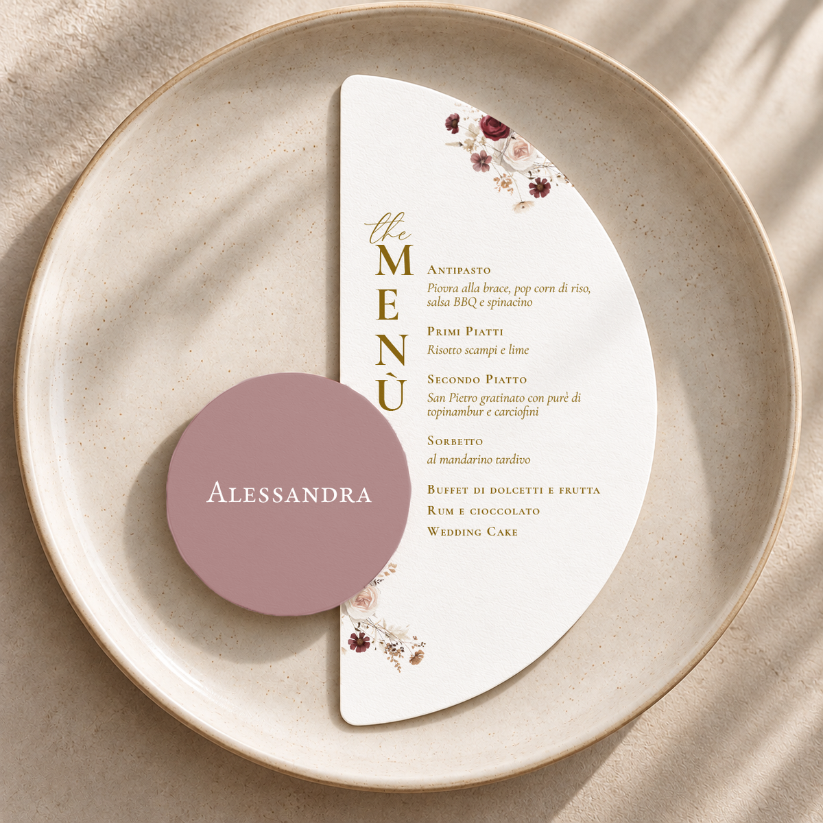 Menu Borgogna mezzaluna con segnaposto