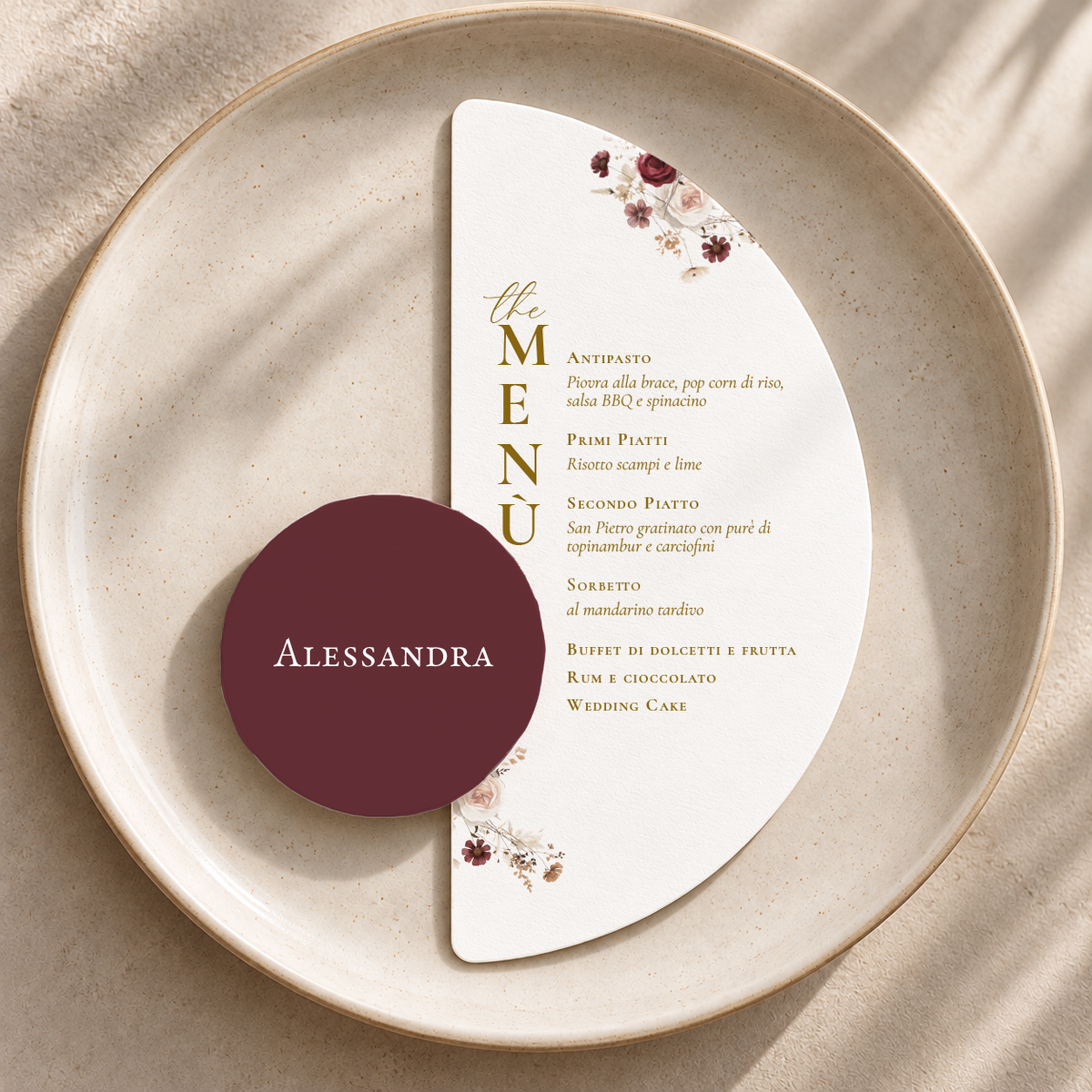 Menu Borgogna mezzaluna con segnaposto