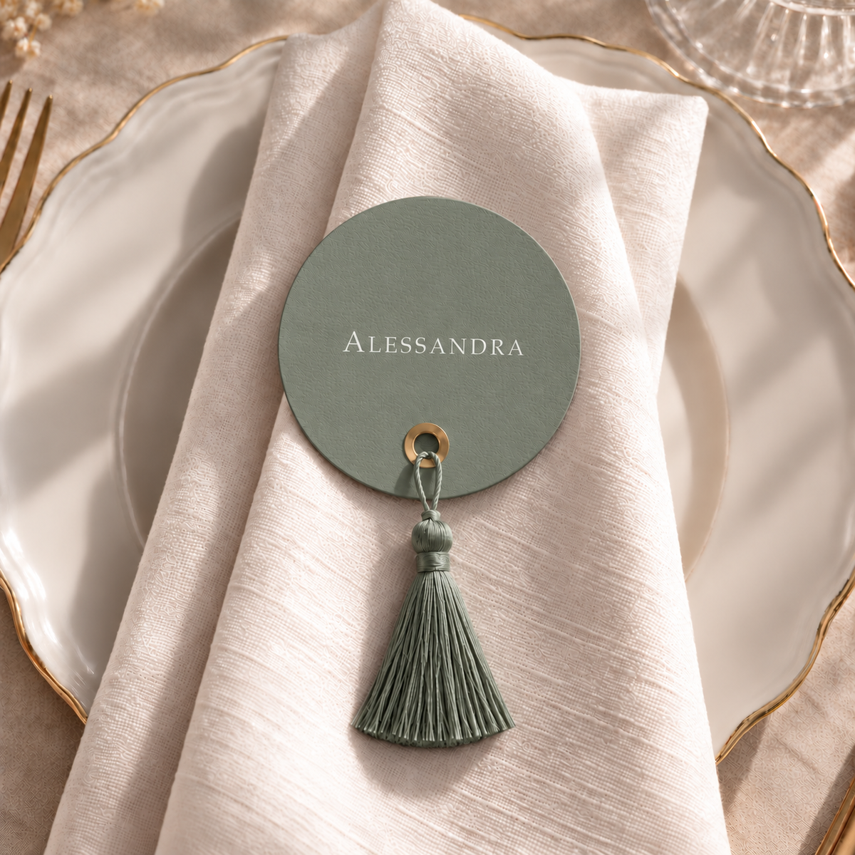 Segnaposto Matrimonio Salvia con Nappina