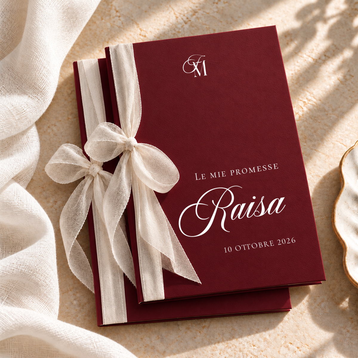 Set 2 libretti promesse Borgogna Materica con nastro