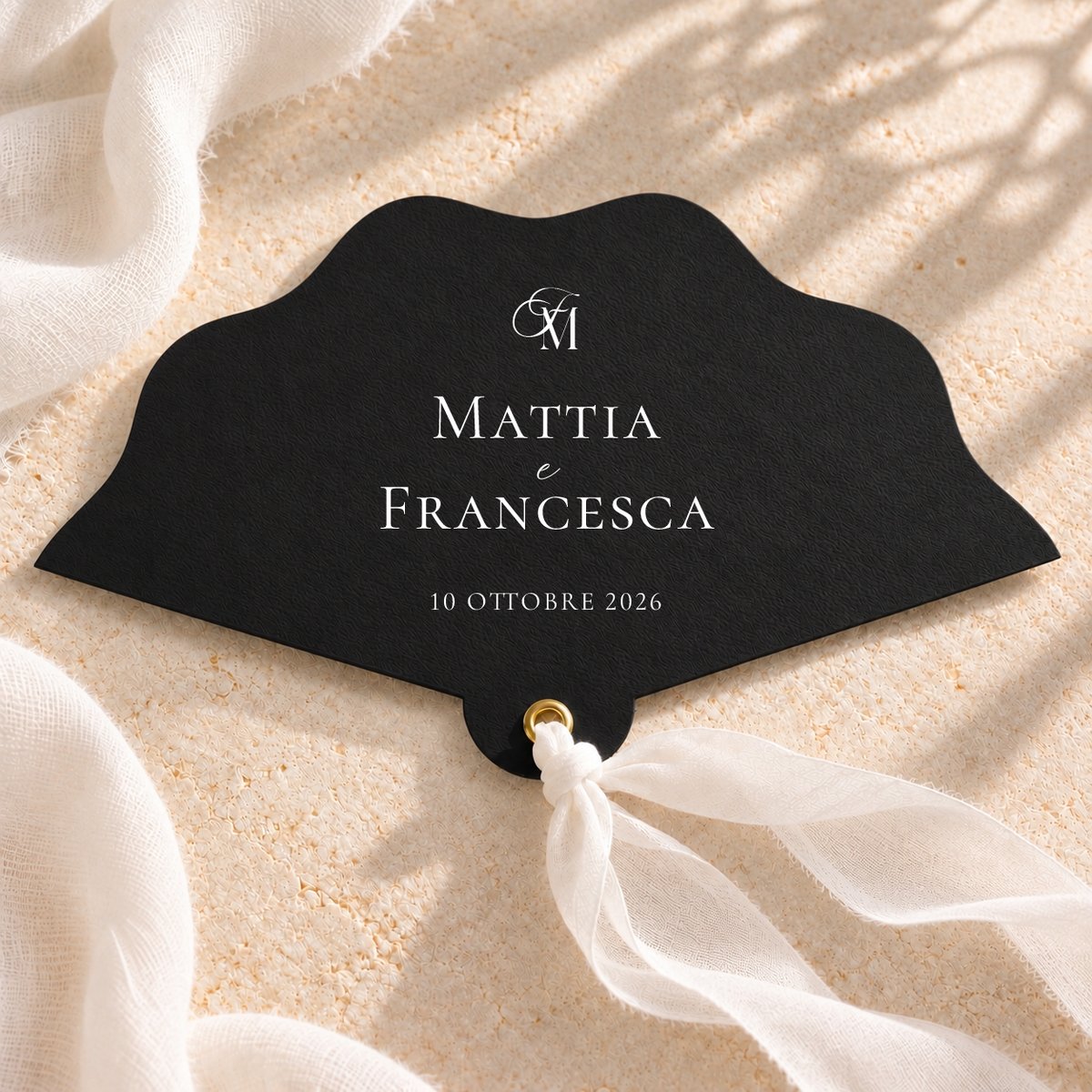Ventaglio Materica in carta con chiffon - Nero