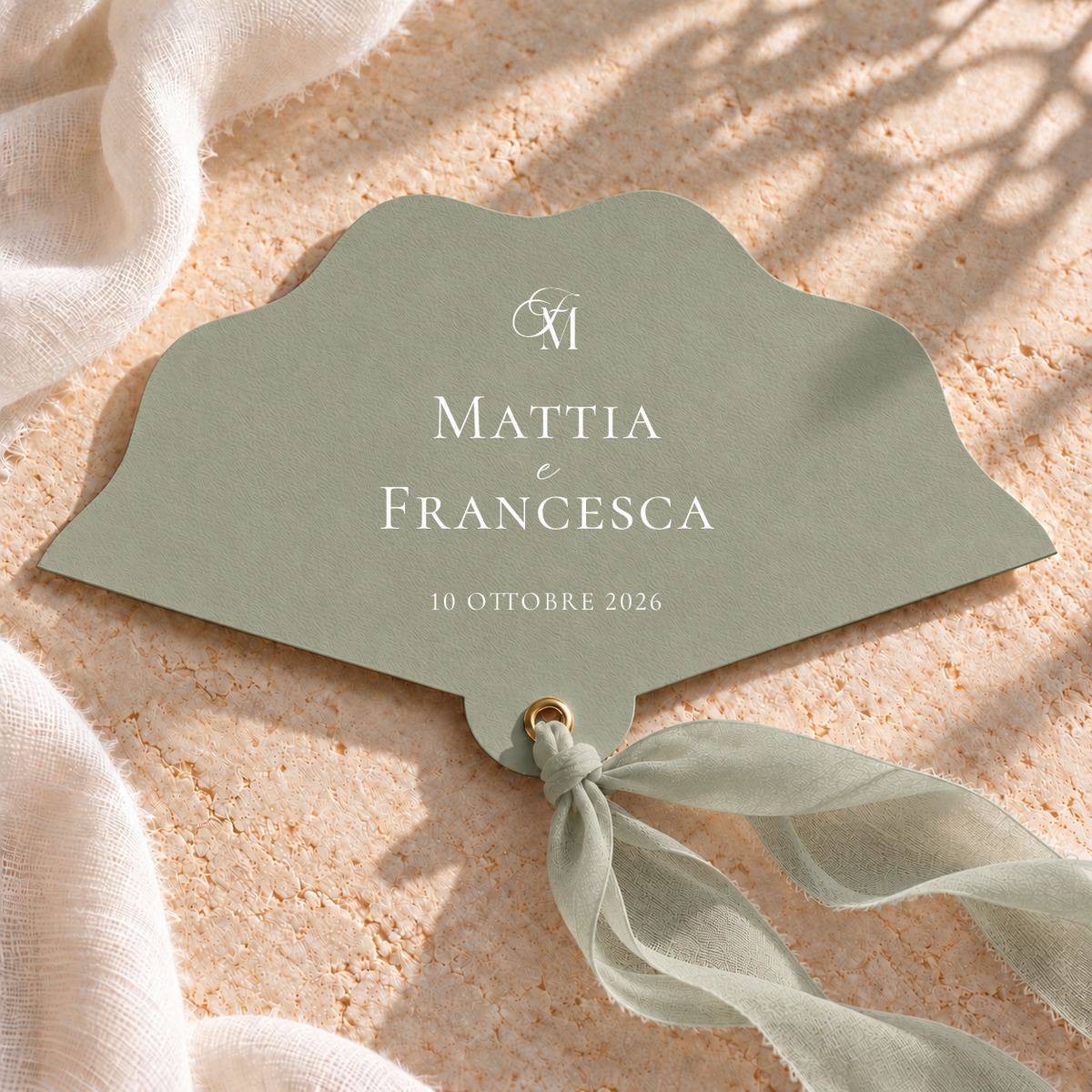 Ventaglio Materica in carta con chiffon - Verde salvia