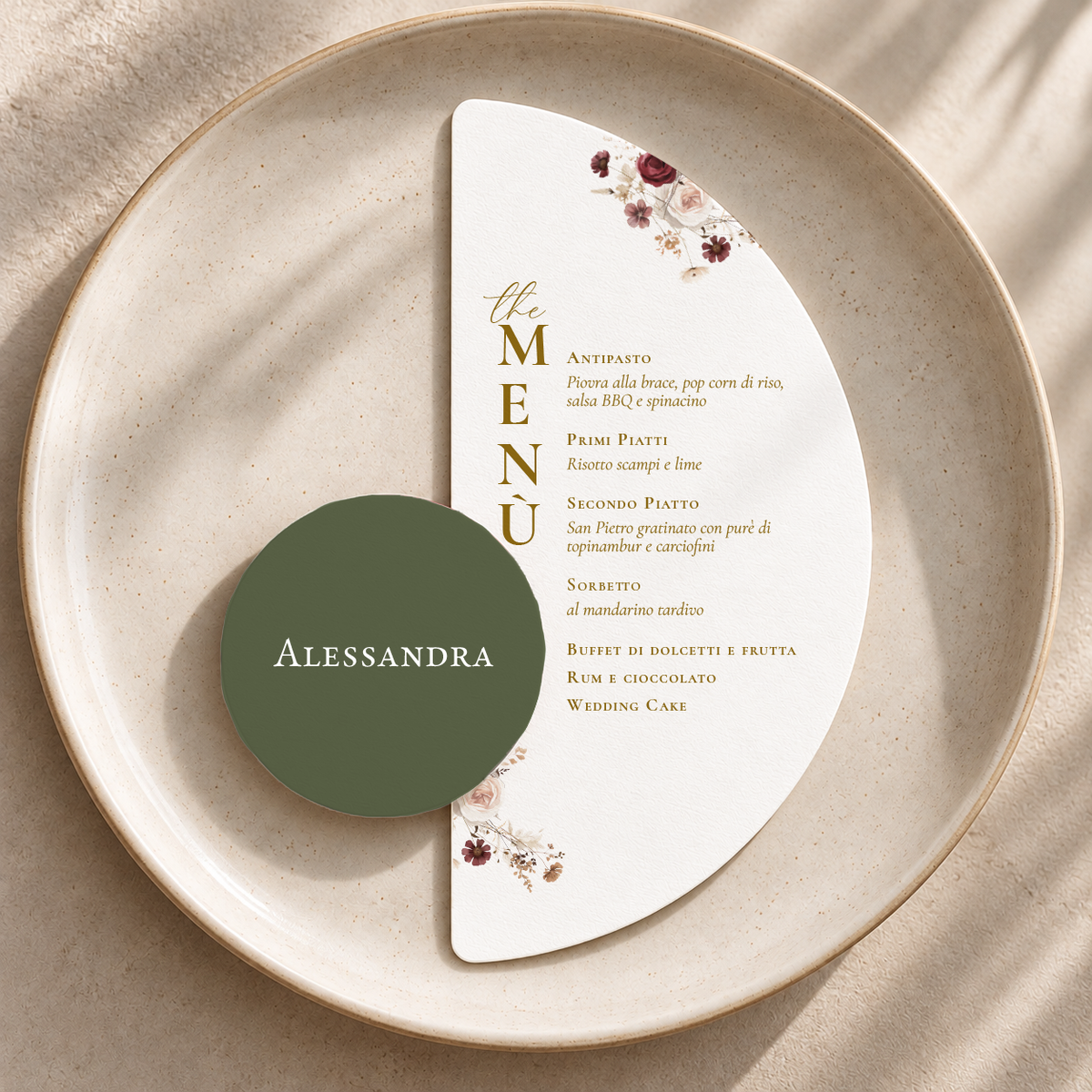 Menu Borgogna mezzaluna con segnaposto