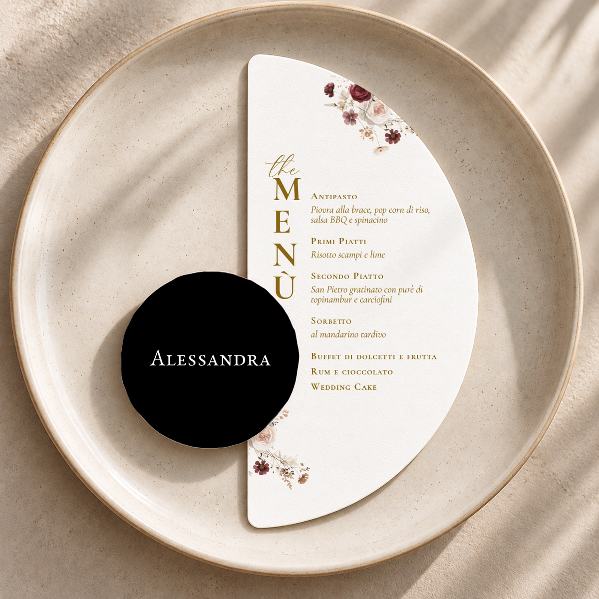 Menu Borgogna mezzaluna con segnaposto