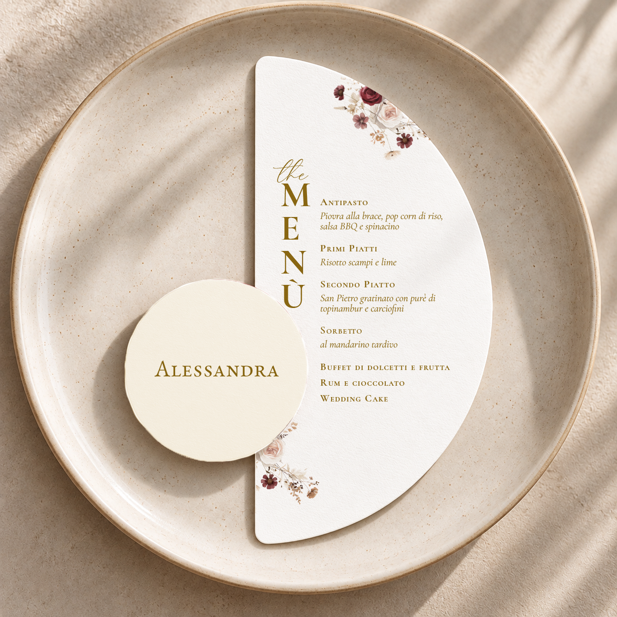Menu Borgogna mezzaluna con segnaposto